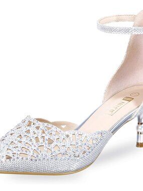 Women's Silver Rhinestones Low Kitten Heels Pumps Evening Dress Shoes